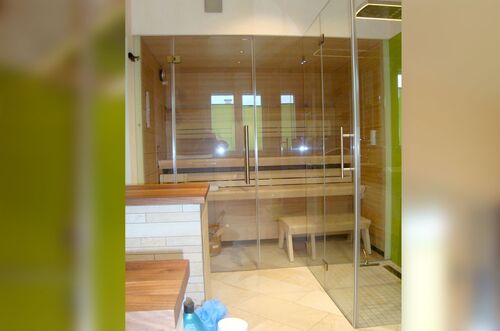 Moderne Dusch- und Saunaanlage mit gläserner Trennwand und Holzdetails, ideal für Entspannung und Wellness.