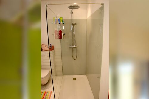 Moderne Dusche mit transparenten Wänden, Duschkopf und Pflegeprodukten, ideal für ein elegantes Badezimmer.